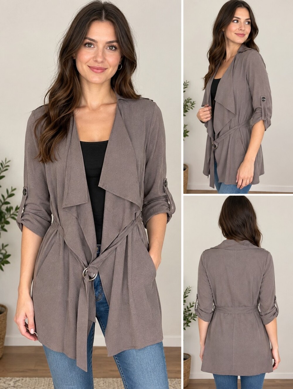 Haute Monde Draped Open Front Wrap Jacket Cardigan Taupe Grey Large L